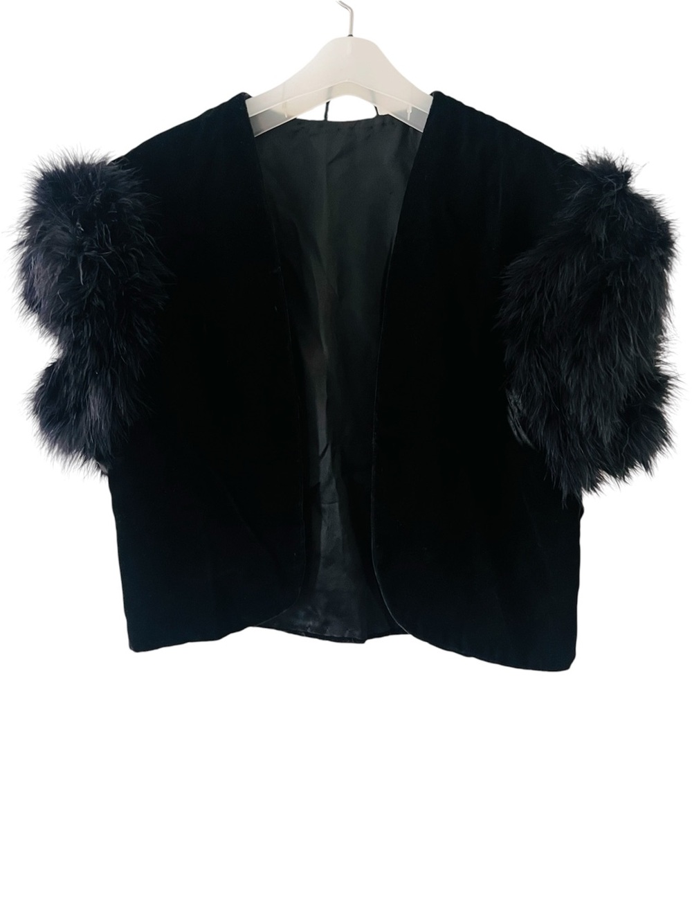 Vtg. Black Velvet Short Bolero/ Jacket with Fur-Trim Sleeves- Sz 6